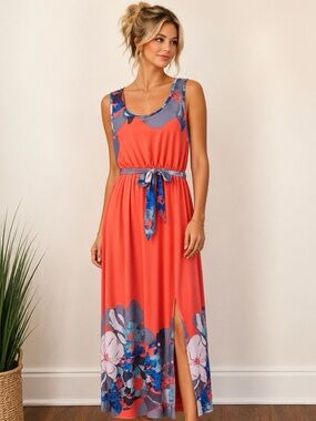 NWT Jon & Anna Coral Floral Maxi Dress Side Slit Belted Size L